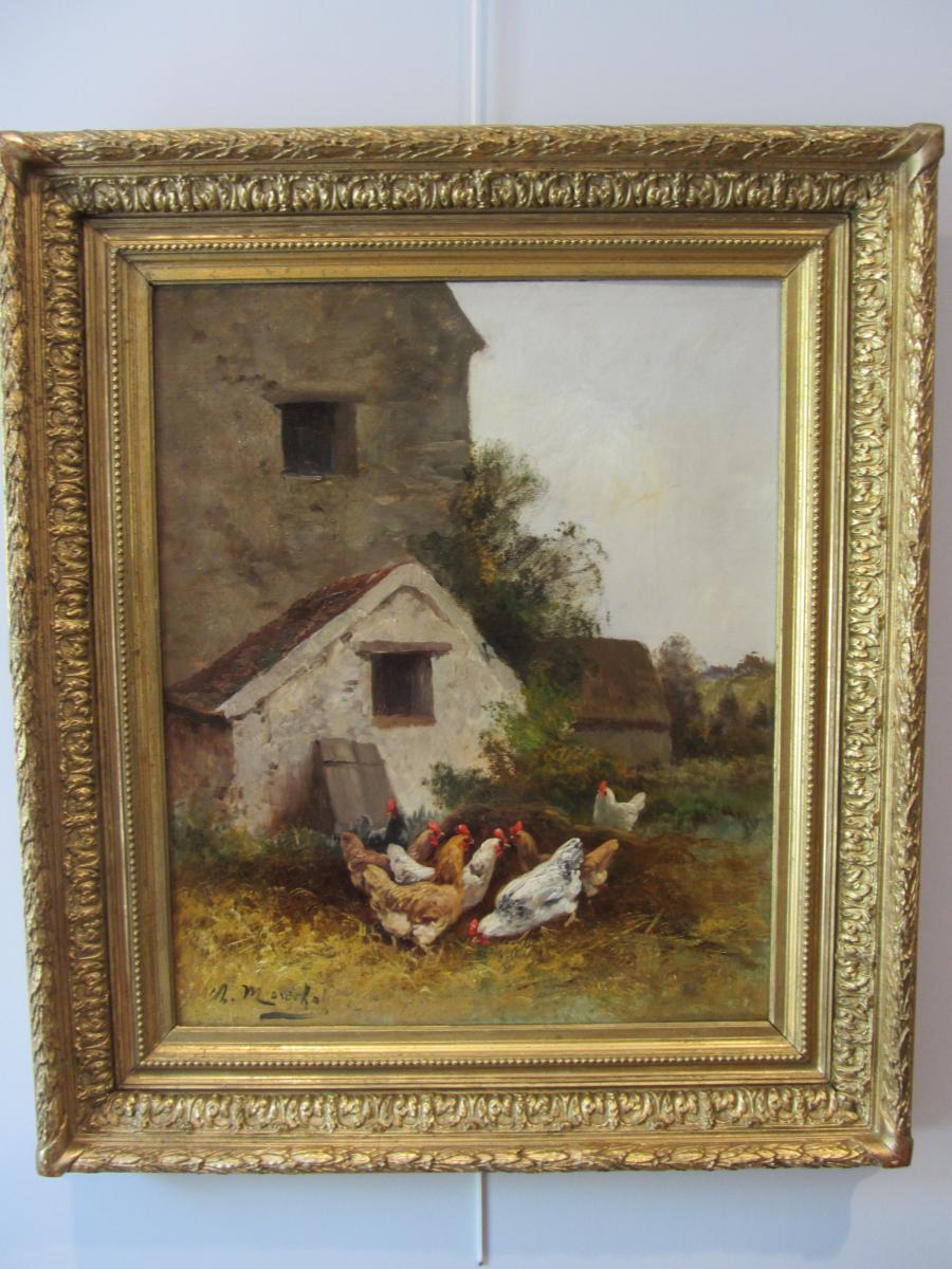 Huile sur toile scène de basse-cour - Scène de basse-cour signée Charles Maréchal,peintre né à Champigny-sur-Marne le 18 avril 1865.